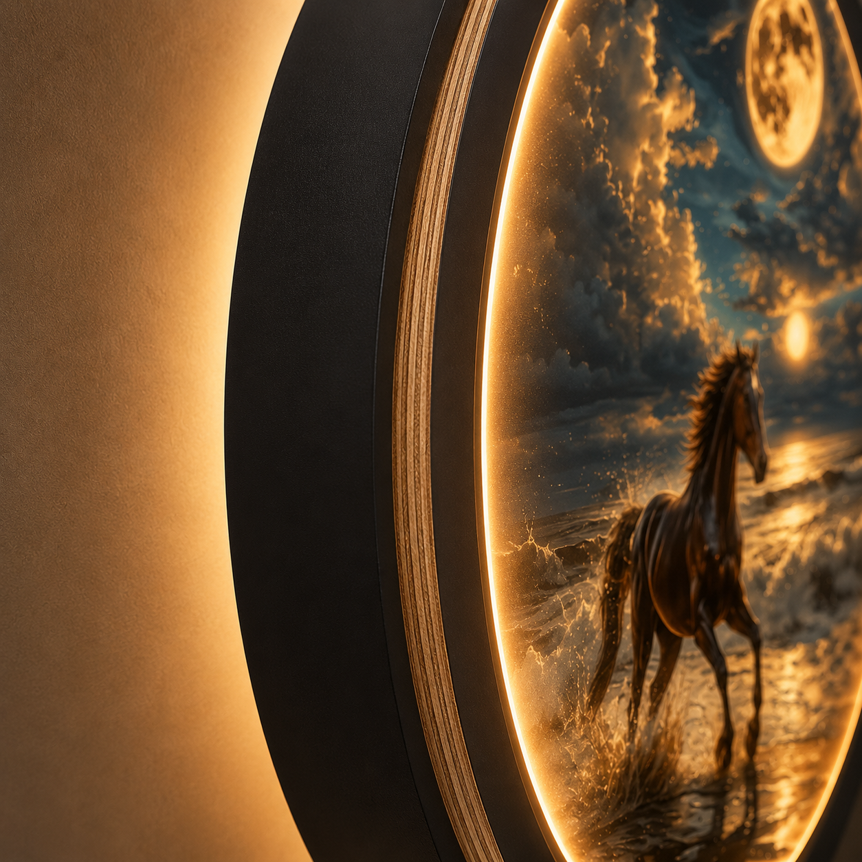 Wood Carved Horse Moonlit Beach LED Wall Lamp | Galloping Horse Night Light Wall Art