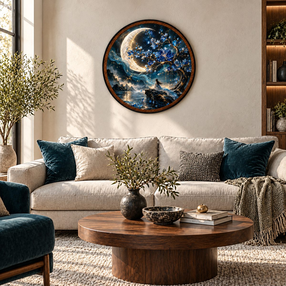 Moonlit Sapphire Blossom – Handcrafted LED Wall Art | Blue Floral Moon Decor