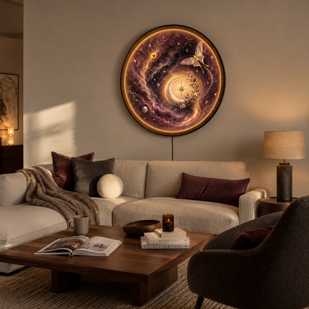 Celestial Moon & Moth LED Wall Art – Mystical Round Decor