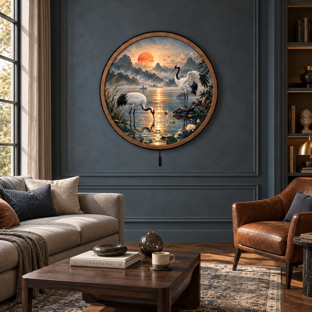 Red-Crowned Crane Sunset LED Wall Art – Serene Mountain Lake