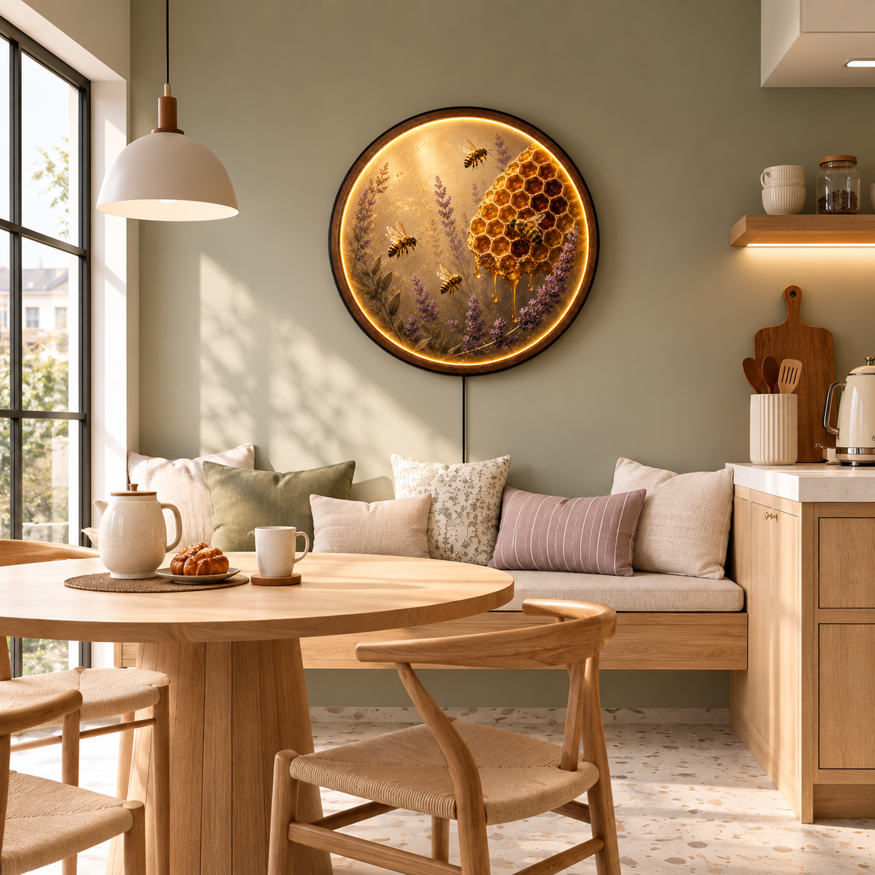 Honeycomb & Bees LED Wall Art – Warm Glow Round Acrylic Wall Decor