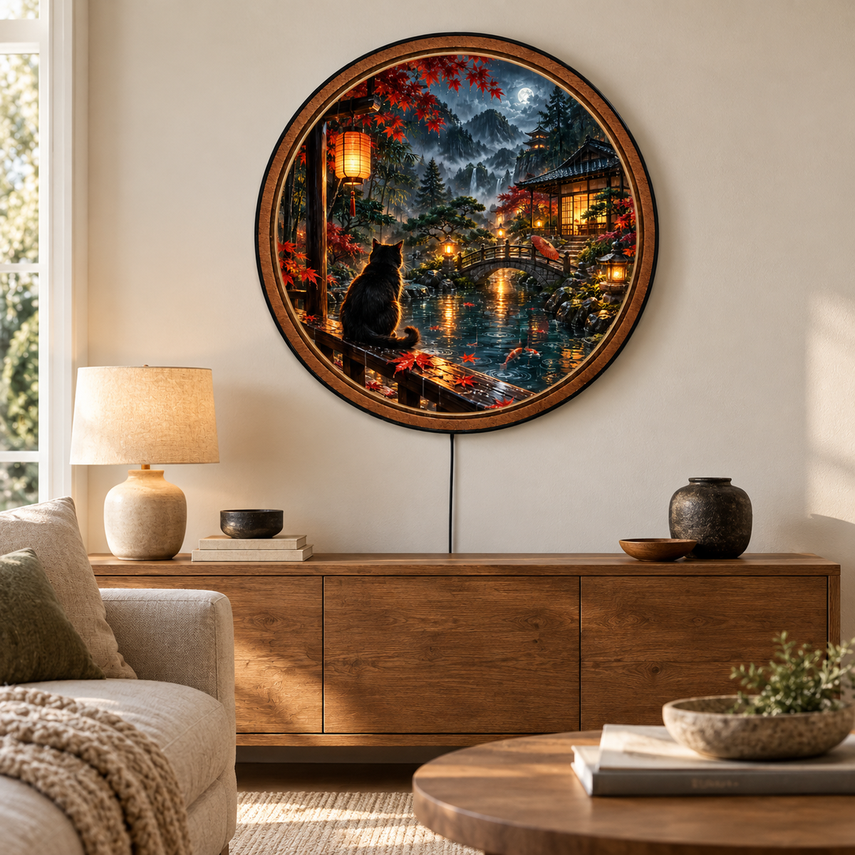 Black Cat Rainy Japanese Garden Circular LED Wall Art