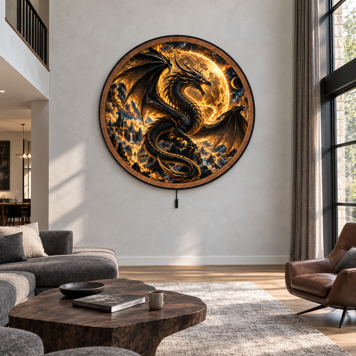Black Dragon Eclipse – Golden Moon Fantasy LED Wall Art