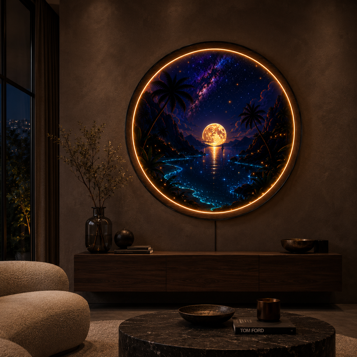 Moonlit Paradise Round LED Wall Art – Acrylic LED Wall Decor with Wooden Frame