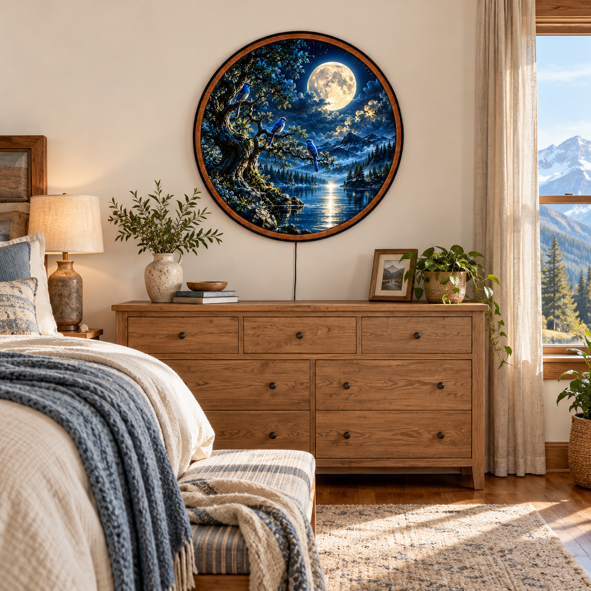 Moonlit Bluebirds – Handcrafted Round LED Wall Art