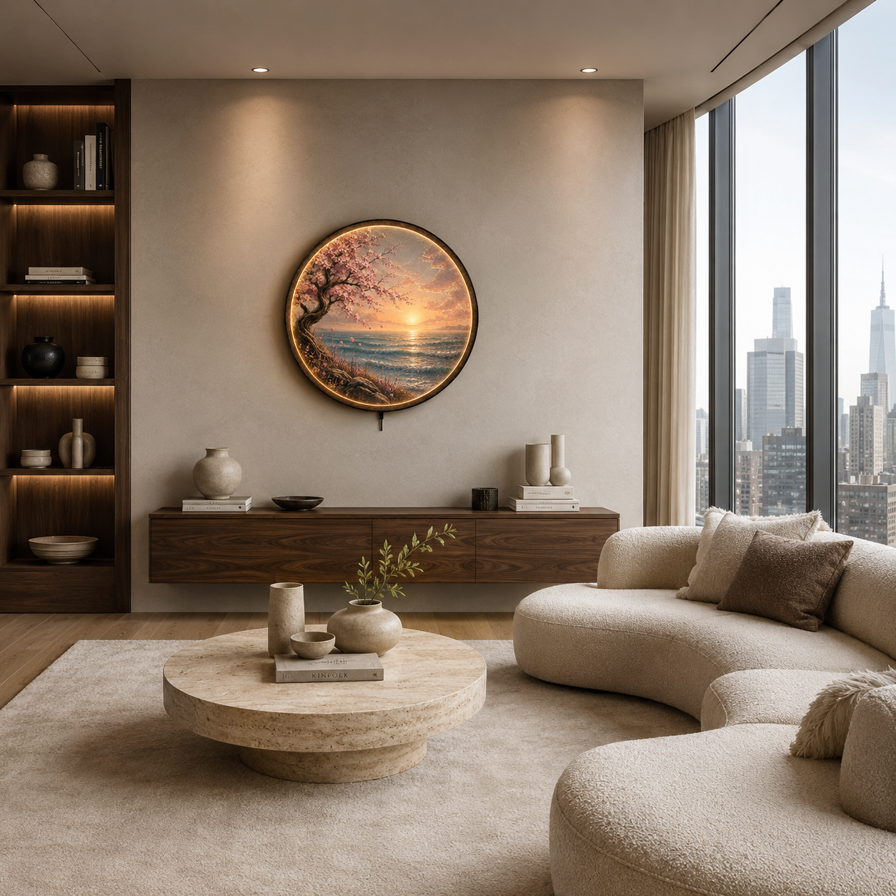 Cherry Blossom Coastal Sunset LED Wall Art – Round Illuminated Acrylic Decor