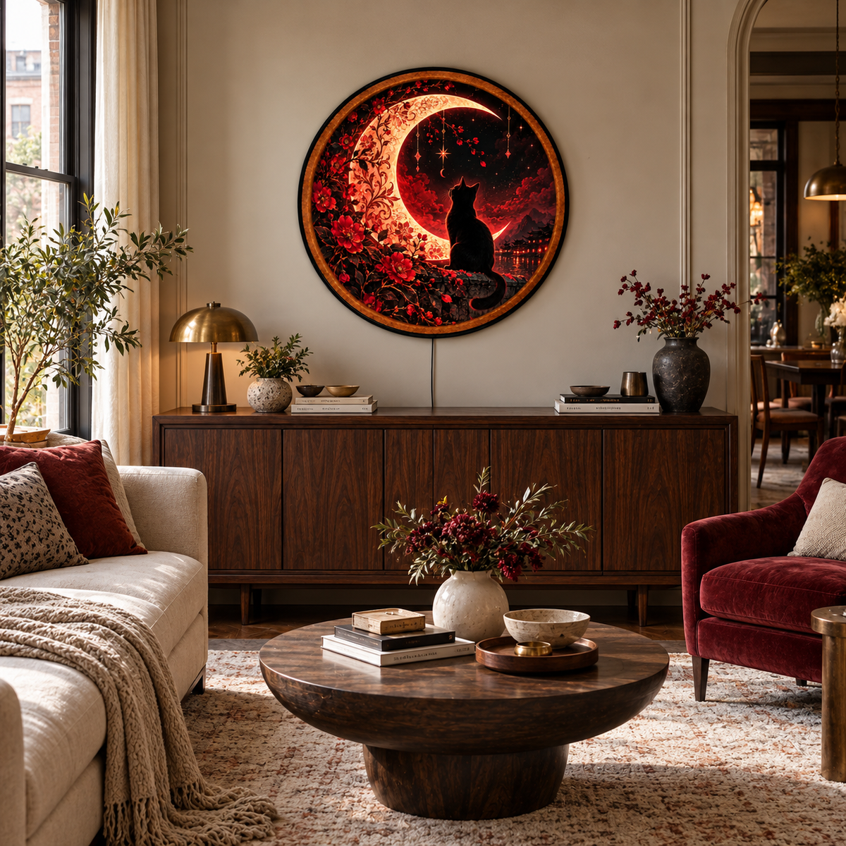 Crimson Moon Whispers – Handcrafted LED Wall Art | Black Cat & Red Crescent Moon