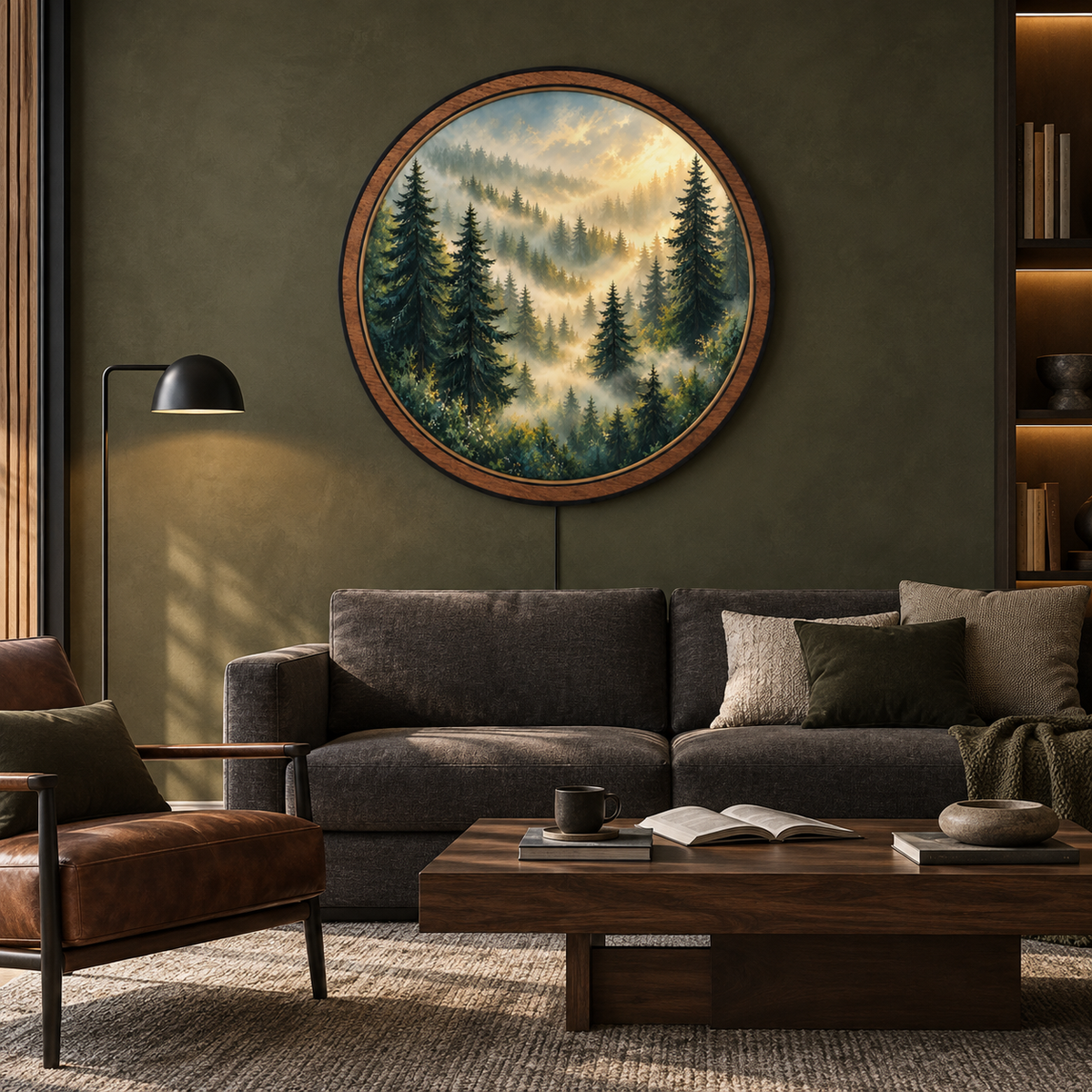 Misty Pine Sunrise LED Wall Art – Golden Forest Light