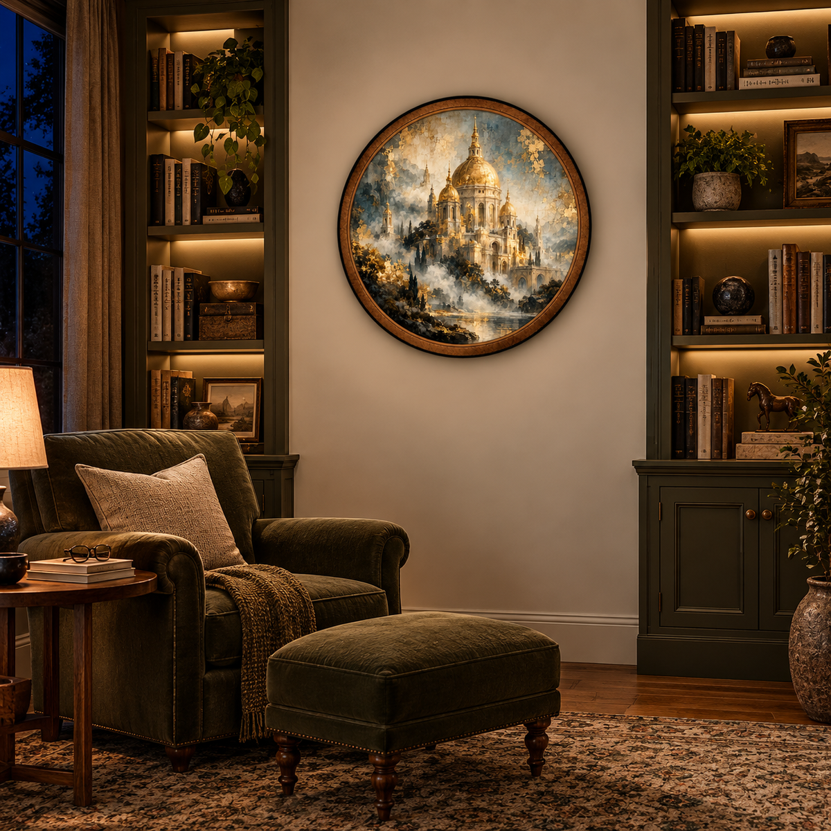 Golden Palace of Serenity – Handcrafted Round LED Wall Art