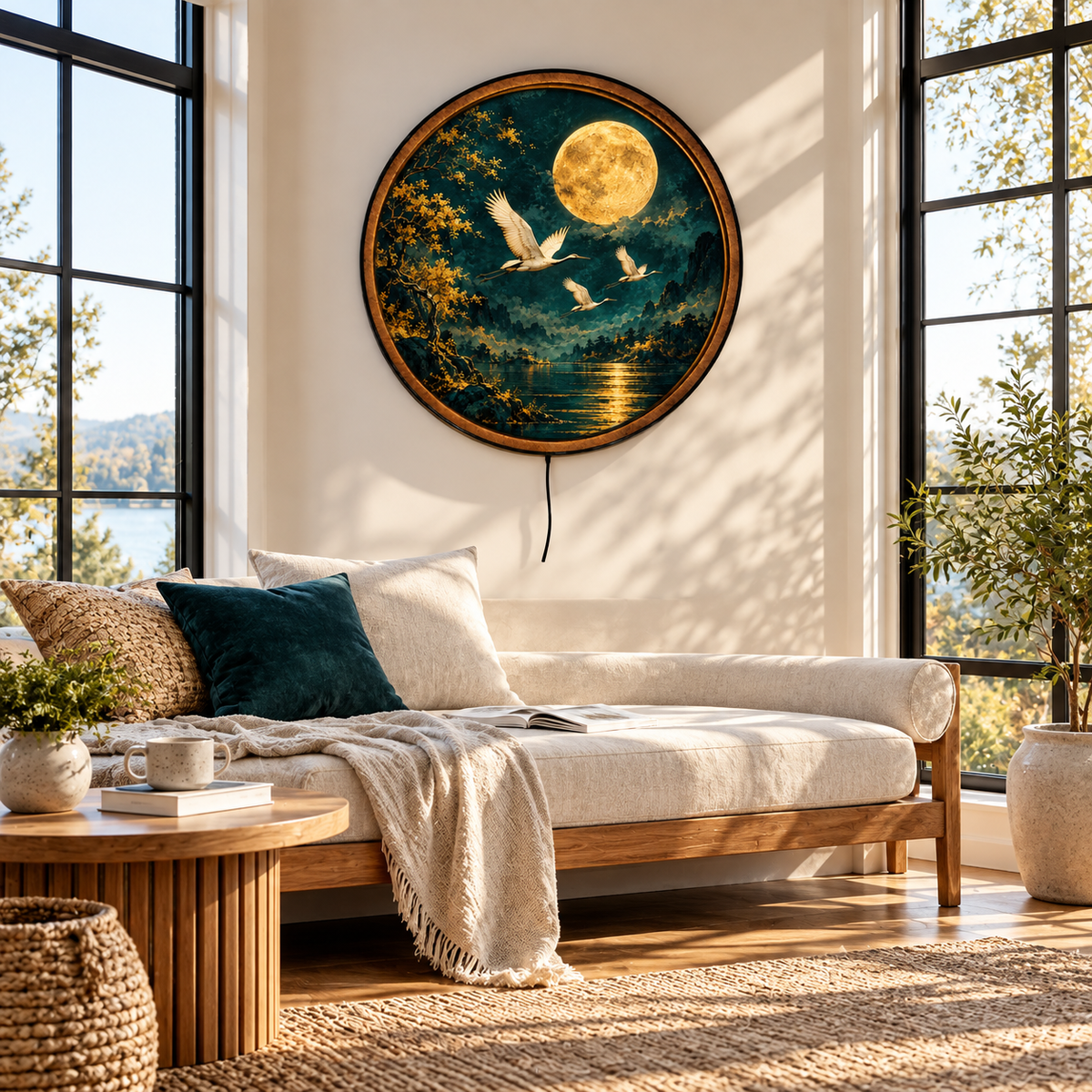 Handcrafted Moonlit Cranes LED Wall Art – Golden Full Moon & Flying White Cranes