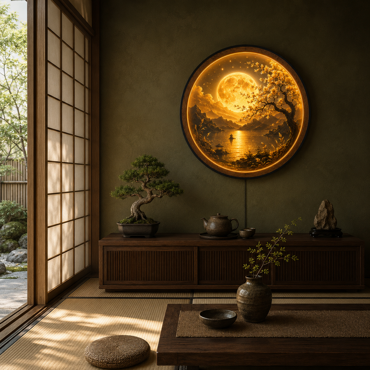 Golden Moon Bonsai LED Wall Art – Illuminated Landscape Decor