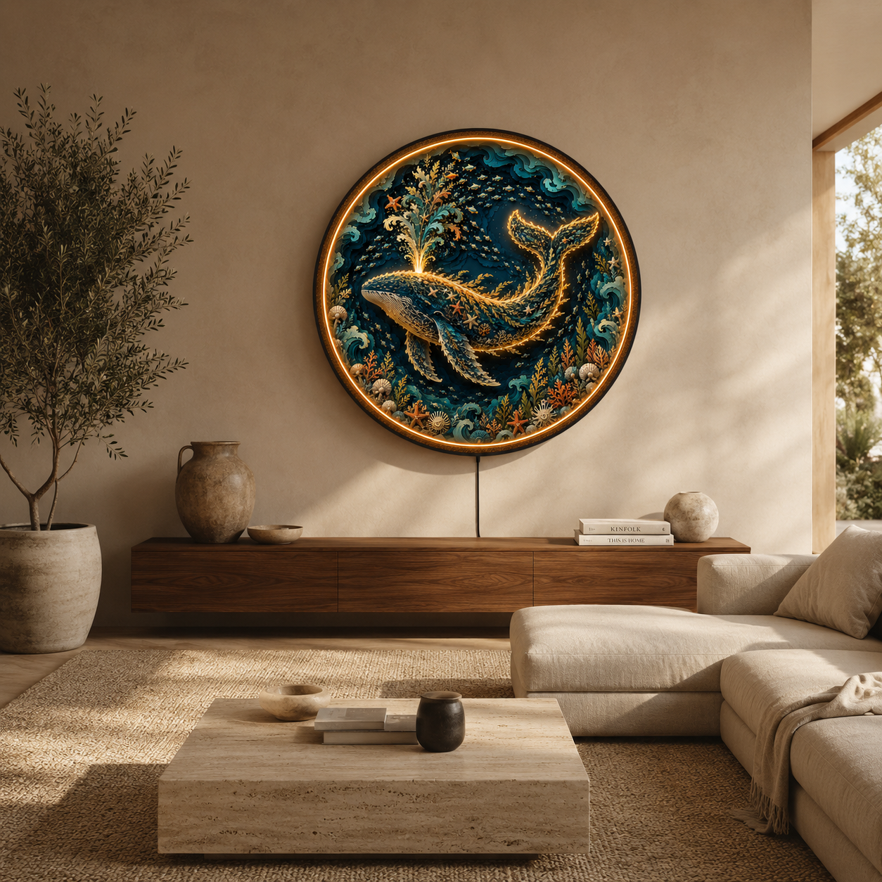 Majestic Ocean Whale LED Wall Art – Round Wooden Coastal Light Decor