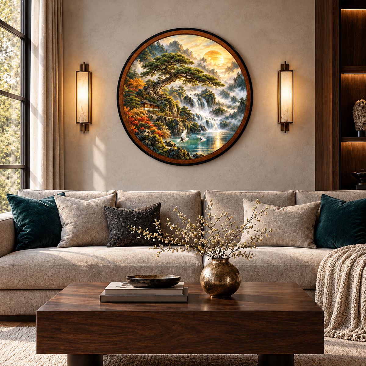 Ancient Pine Tree & Waterfall Landscape – Handcrafted LED Wall Art