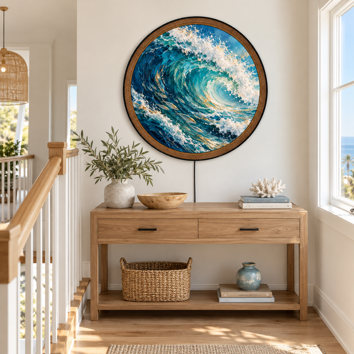 Handcrafted Ocean Wave LED Wall Art – Turquoise Barrel Wave & Silver Fish, Coastal Beach House Wall Decor