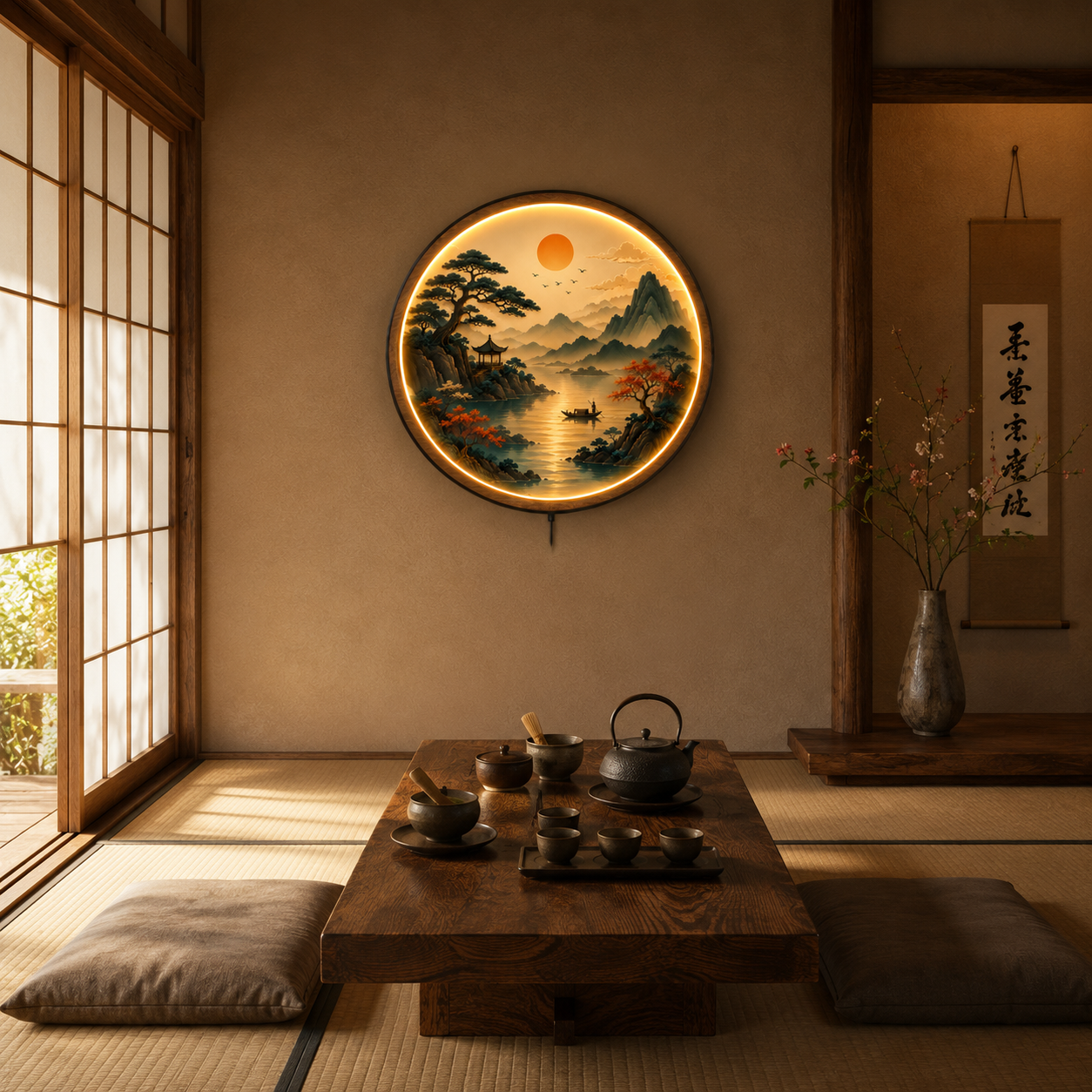 Eastern Serenity LED Wall Art | Tranquil Mountain & Lake Landscape Round Illuminated Wall Decor | Warm LED Ambient Light