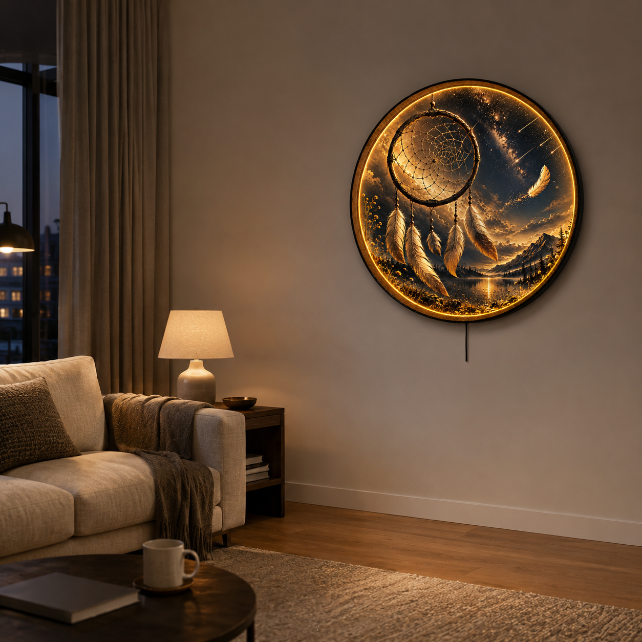 Golden Dreamcatcher LED Wall Art – Celestial Moon & Feather Decor