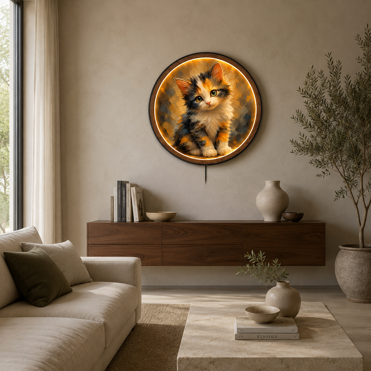 Cute Calico Kitten LED Wall Art Light – Round Acrylic Decor with Wooden Frame