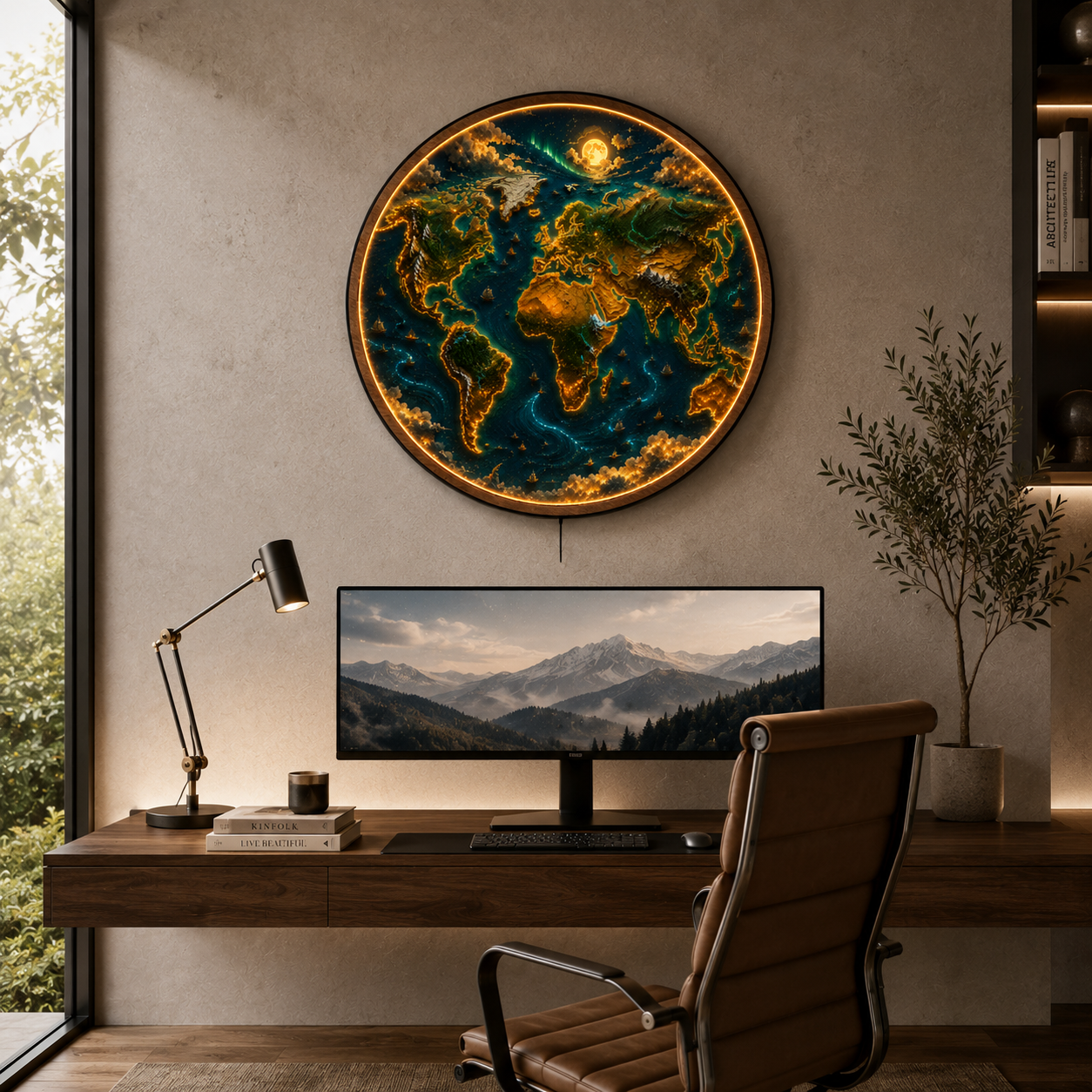 Illuminated World Map LED Wall Art | Round Acrylic Wall Light | Travel-Inspired Home Decor