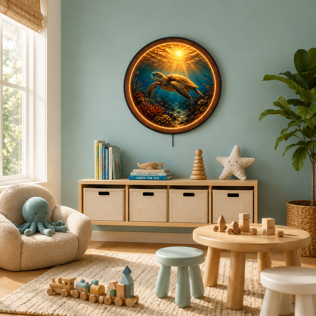 Ocean Sea Turtle LED Wall Art – Coastal Sunset Round Illuminated Decor