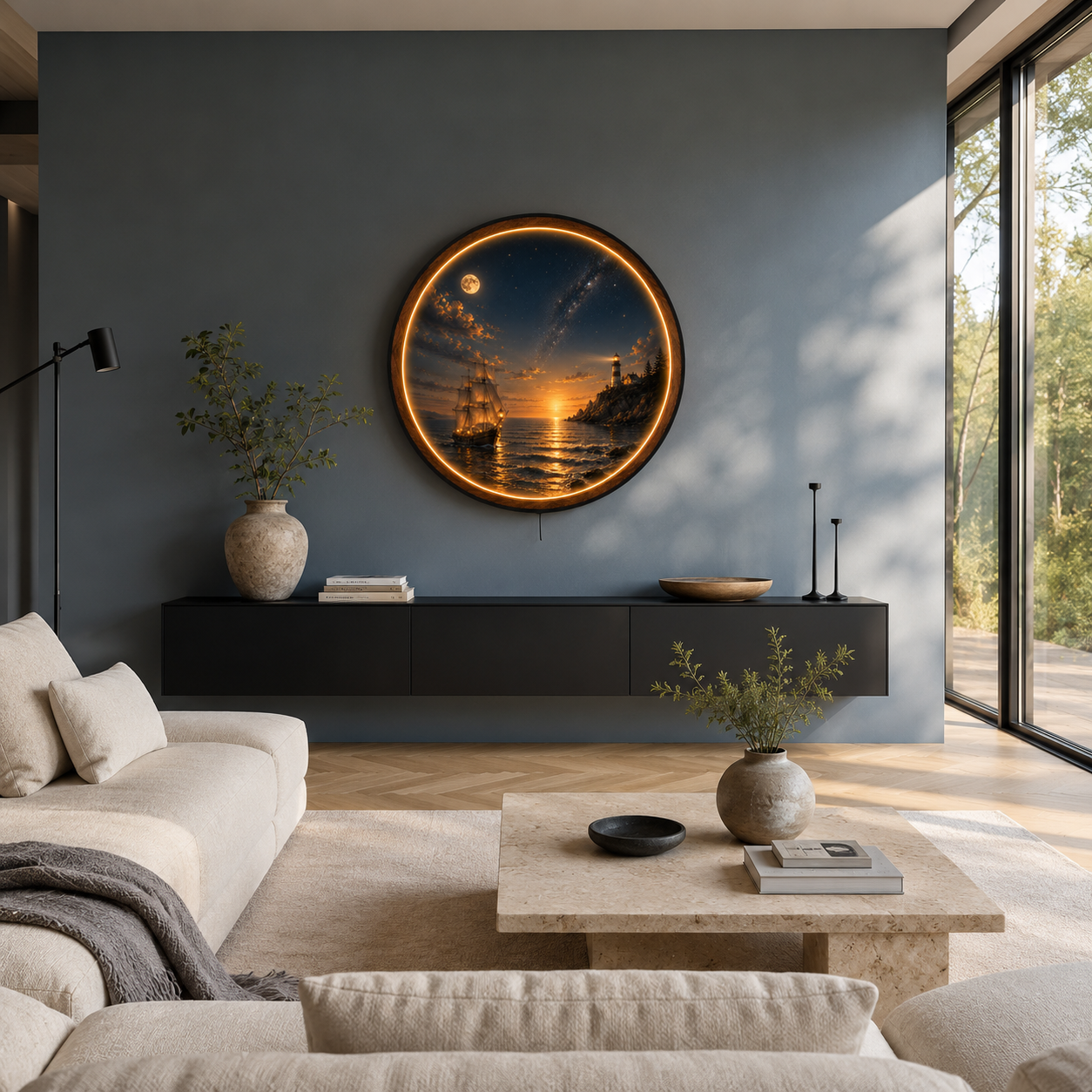 Celestial Lighthouse Voyage LED Wall Art – Nautical Wooden Light Decor