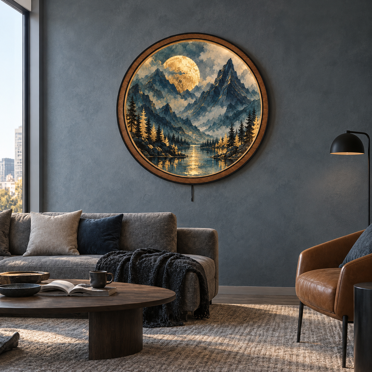 Golden Moon Peaks LED Wall Art – Blue Mountain Landscape Decor
