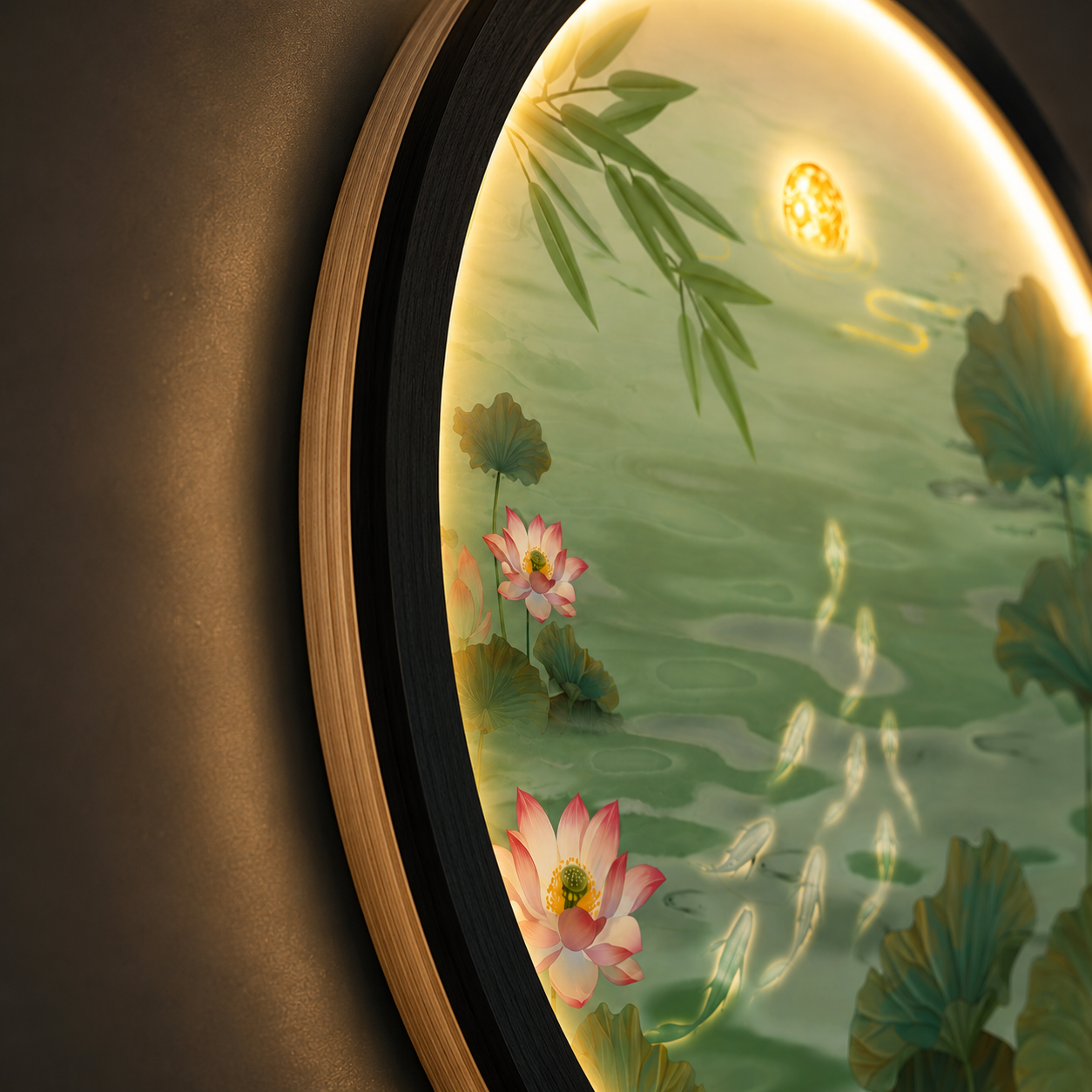 Pink Lotus Pond LED Wall Art - Koi Fish & Moon Round Wall Decor with Backlight