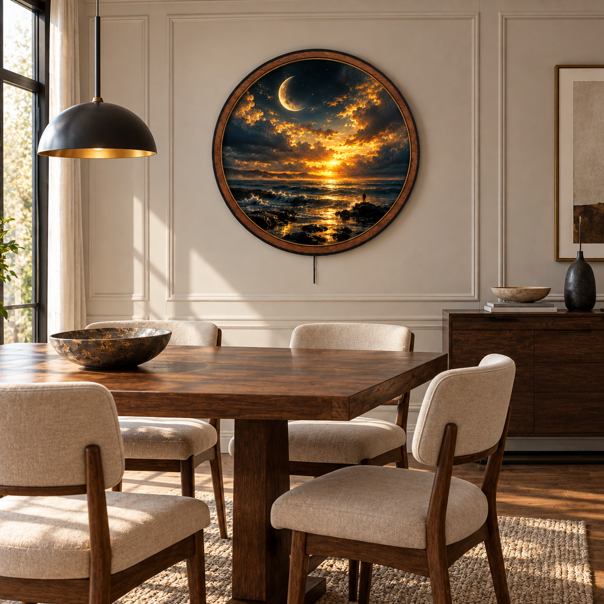 Golden Celestial Ocean Moonlight Circular LED Wall Art
