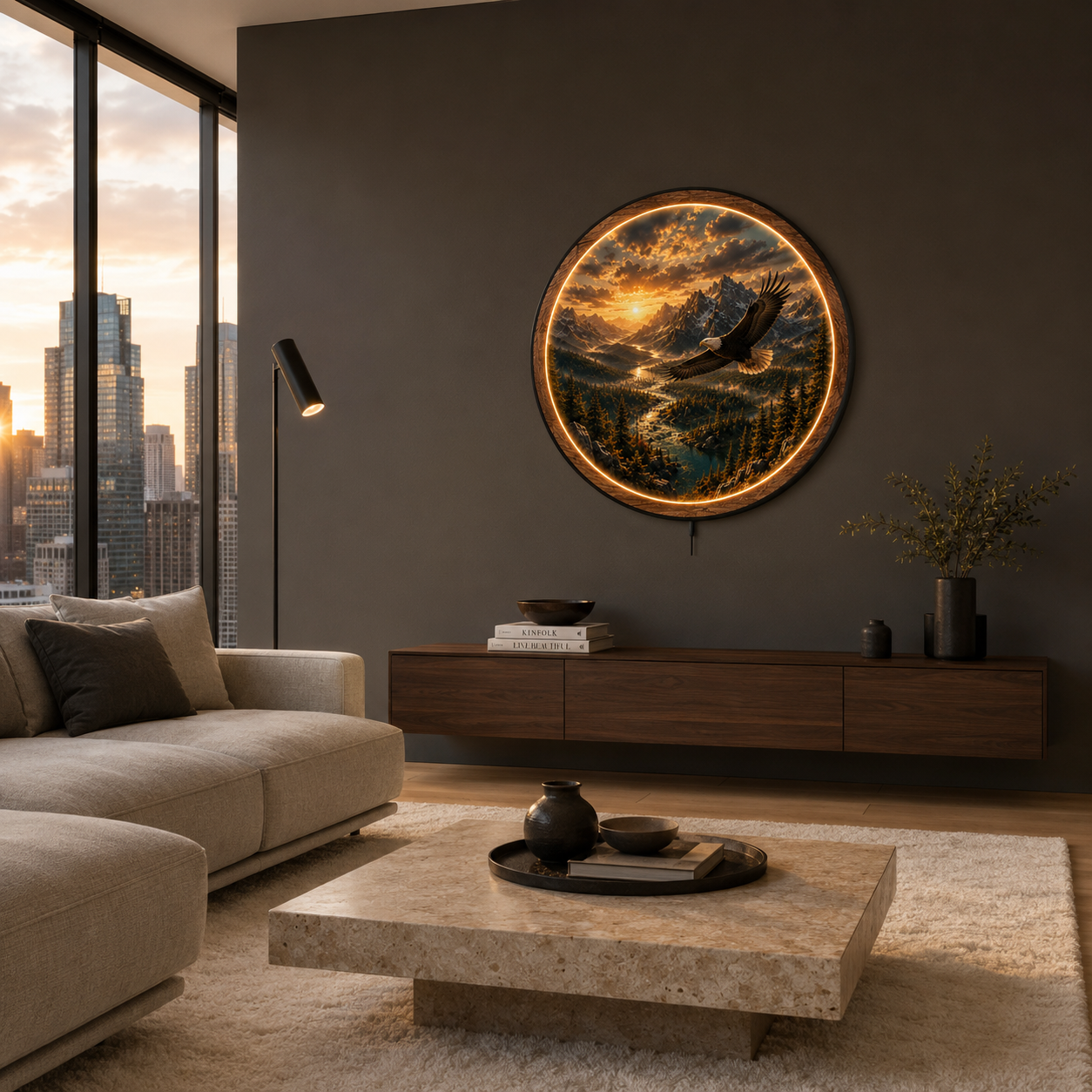 Majestic Eagle Mountain Sunset LED Wall Art – Premium Round Acrylic Decor
