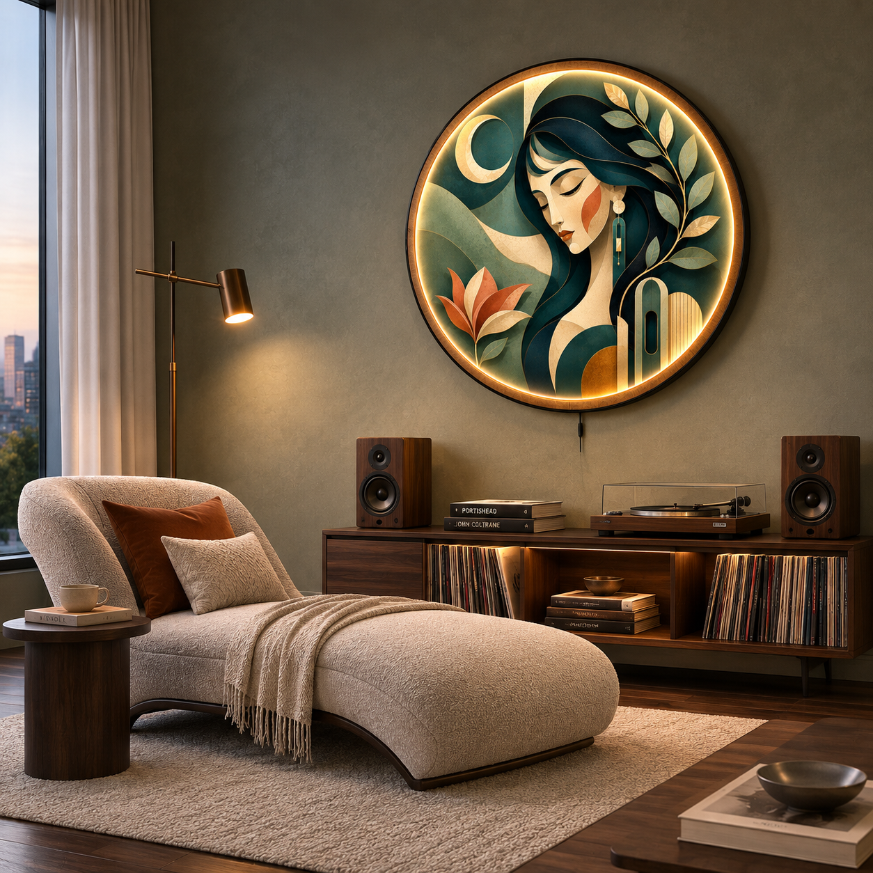 Emerald Muse LED Wall Art – Art Deco Botanical Portrait