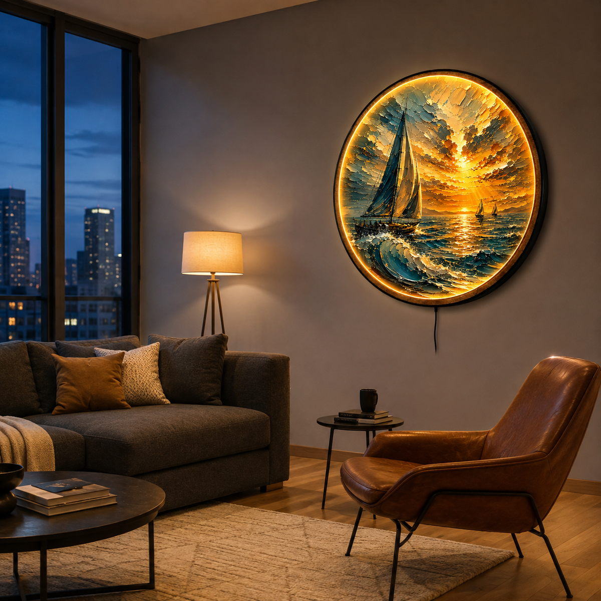 Sunward Sailing LED Wall Art – Golden Ocean Sunset Decor