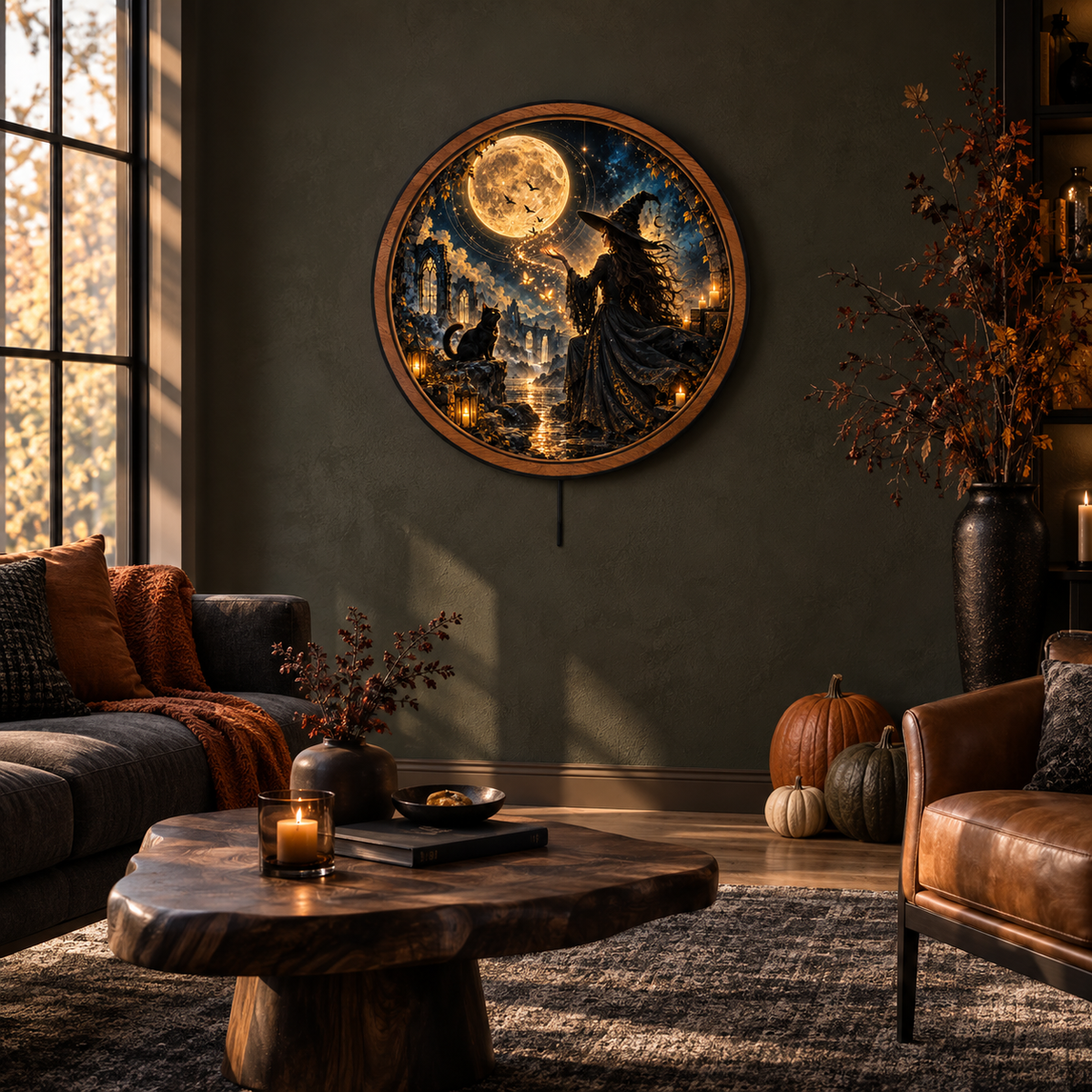 Moonveil Witch – Golden Familiar LED Wall Art