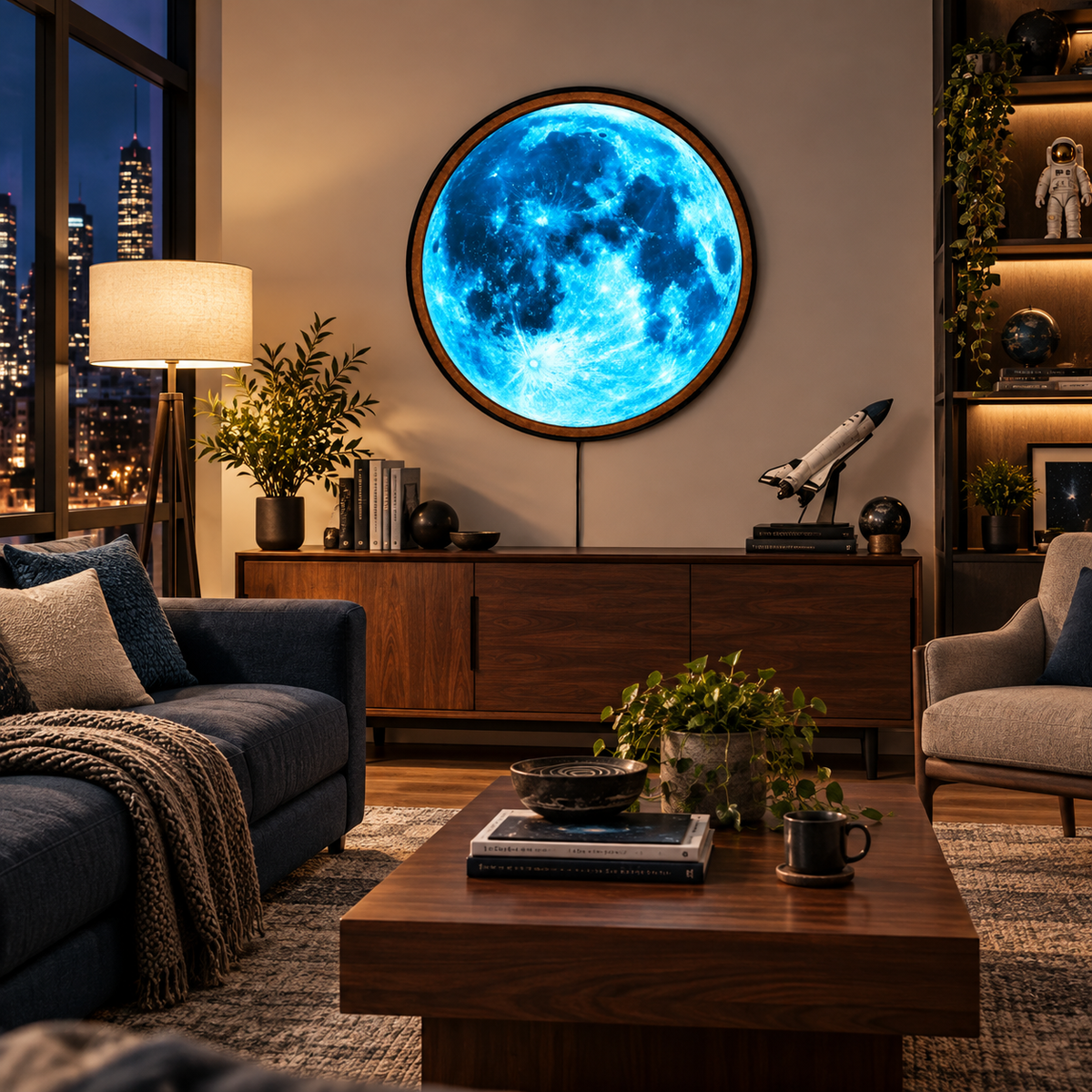 Electric Blue Moon – Handcrafted Round LED Wall Art