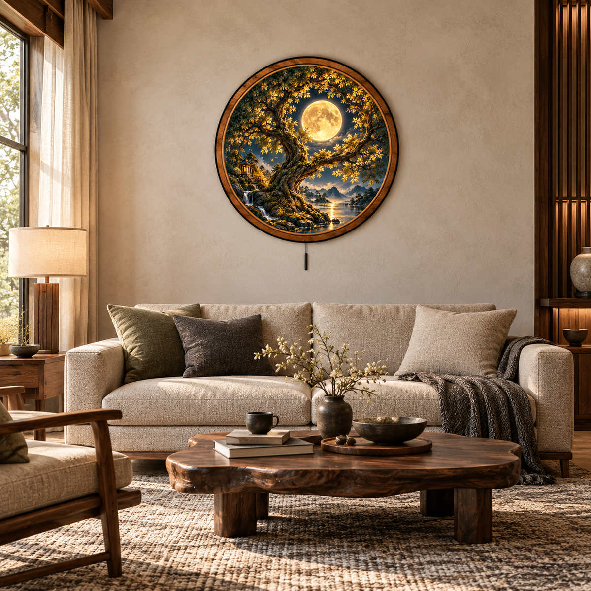 Handcrafted Golden Moon Ancient Tree LED Wall Art