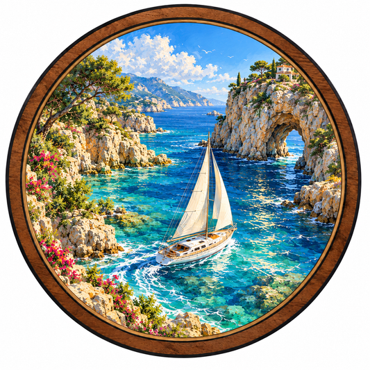 Mediterranean Sailboat Coastal Cove Circular LED Wall Art