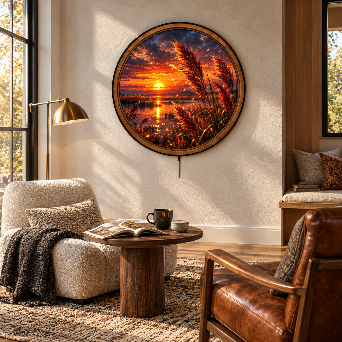 Handcrafted Golden Reeds Sunset Lake LED Wall Art