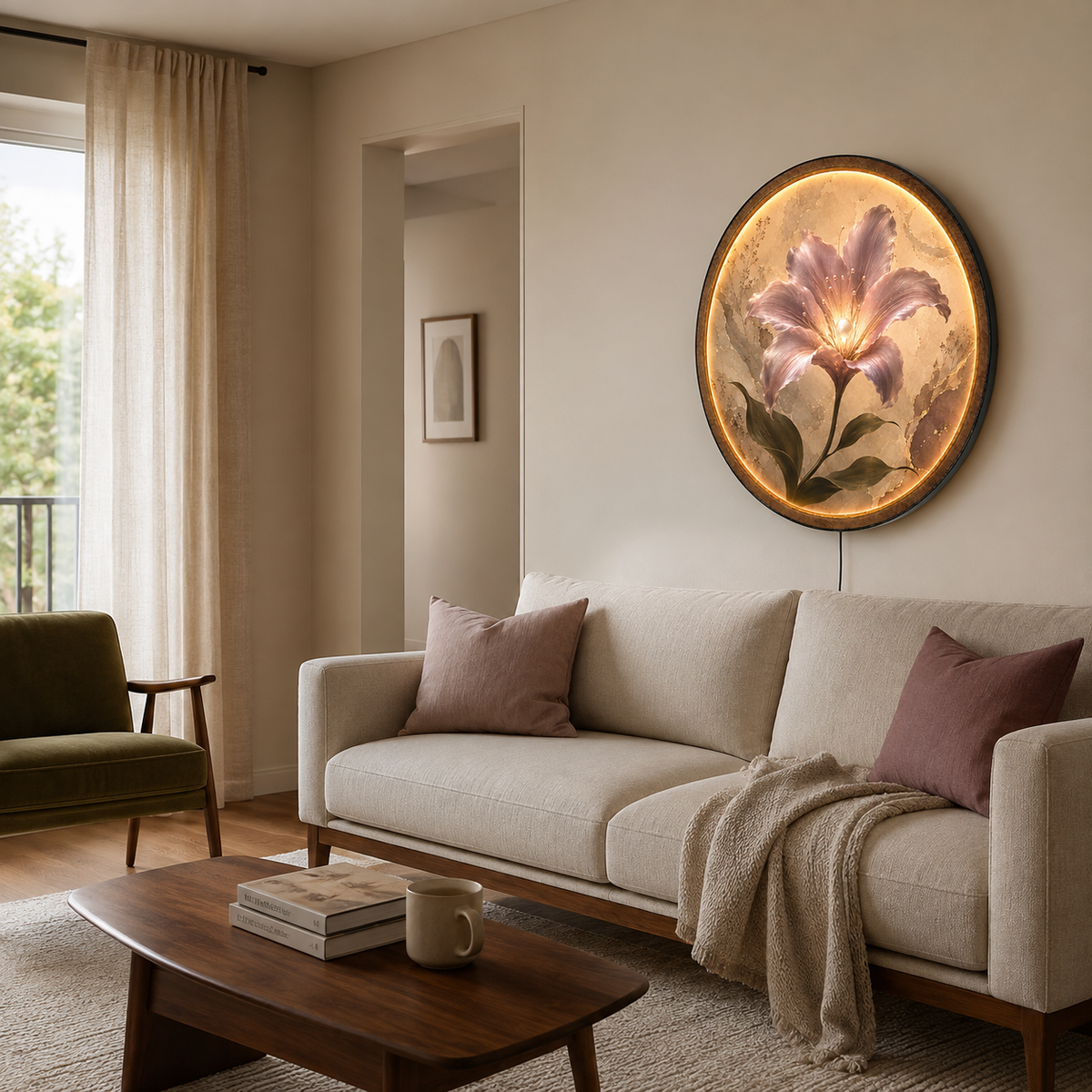 Pearl Bloom LED Wall Art – Blush Floral Round Wall Decor