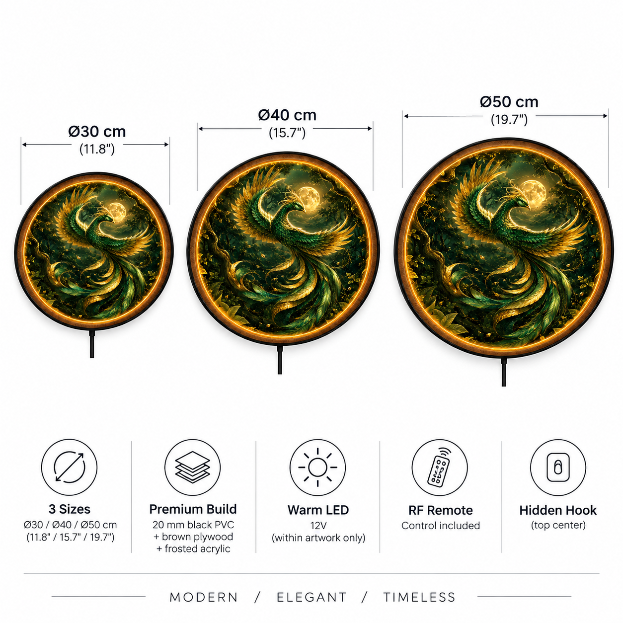 Emerald Phoenix Moon LED Wall Art – Illuminated Fantasy Decor