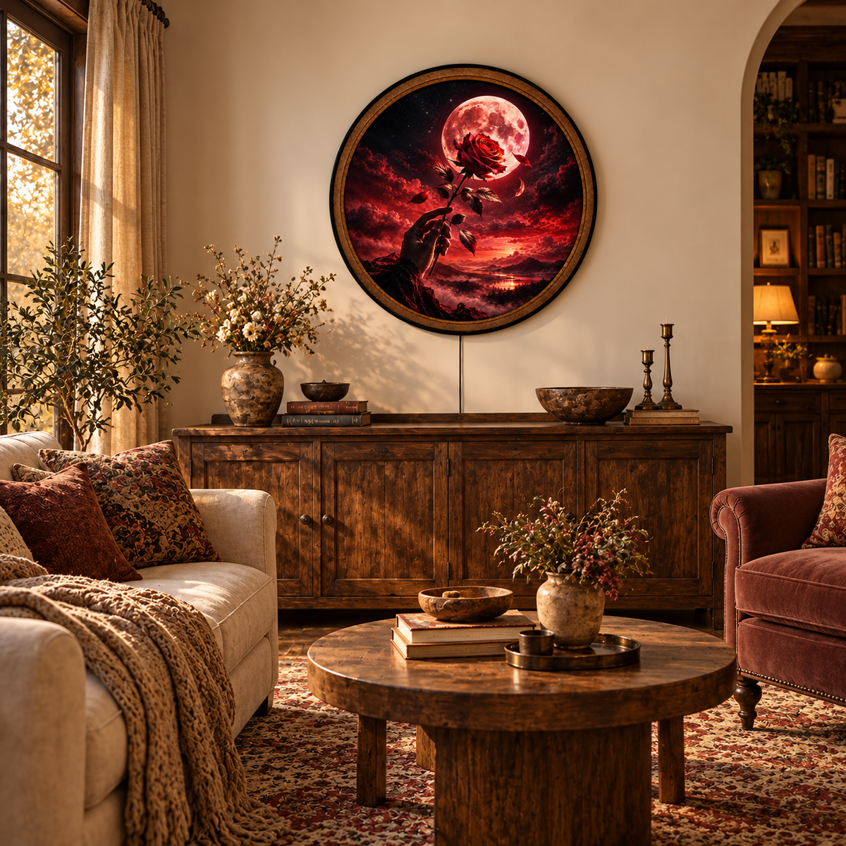 Handcrafted Red Rose Moon LED Wall Art – Romantic Crimson Full Moon, Gothic Floral Fantasy