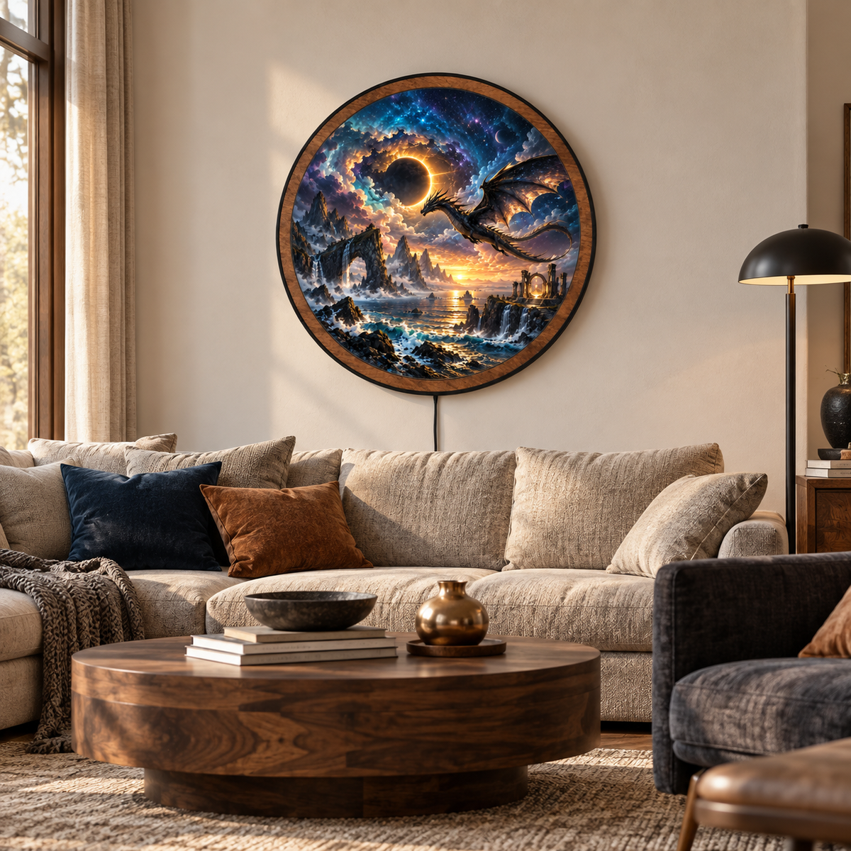 Celestial Dragon Eclipse Ocean Circular LED Wall Art