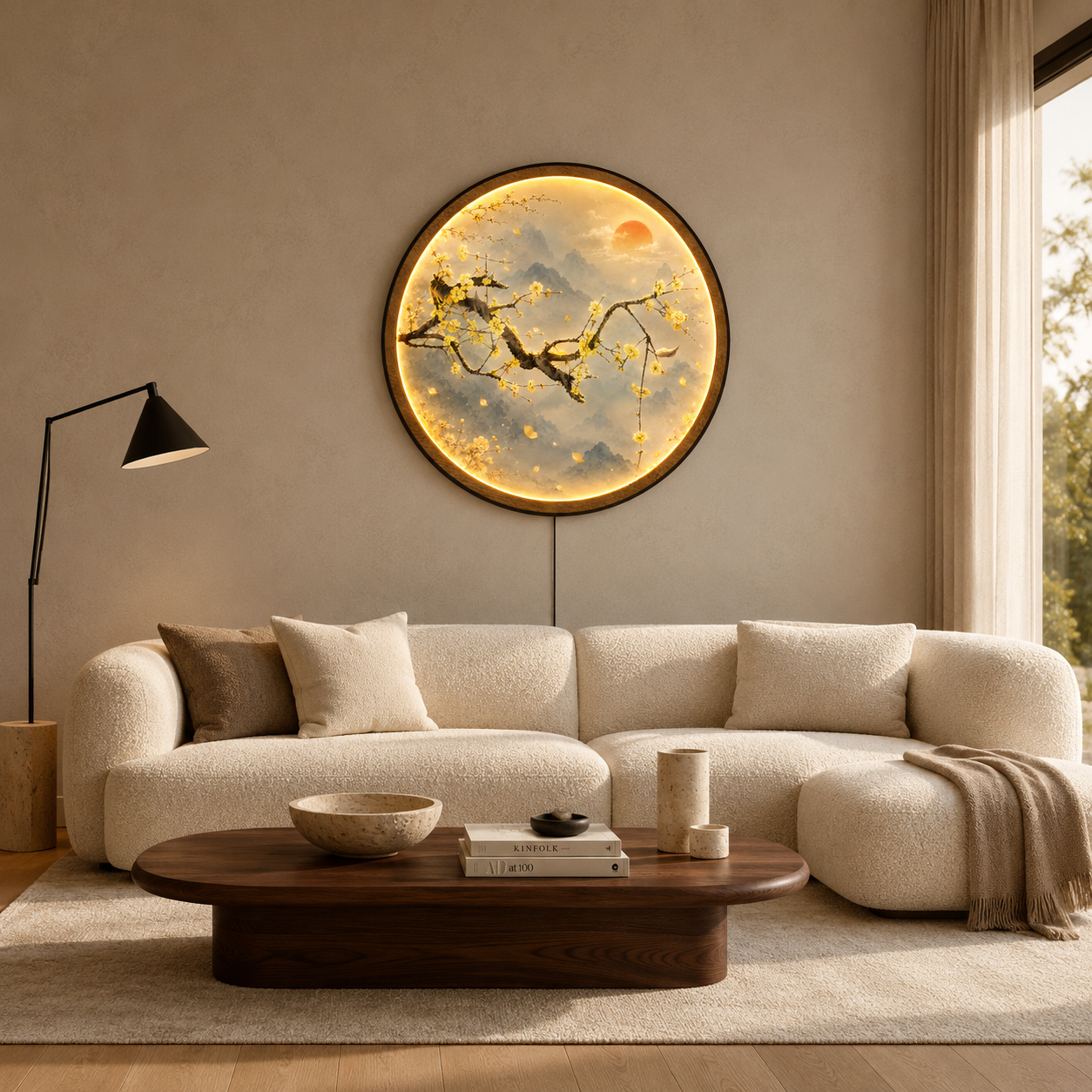Golden Plum Blossom Mountain LED Wall Art – Round Illuminated Nature Decor