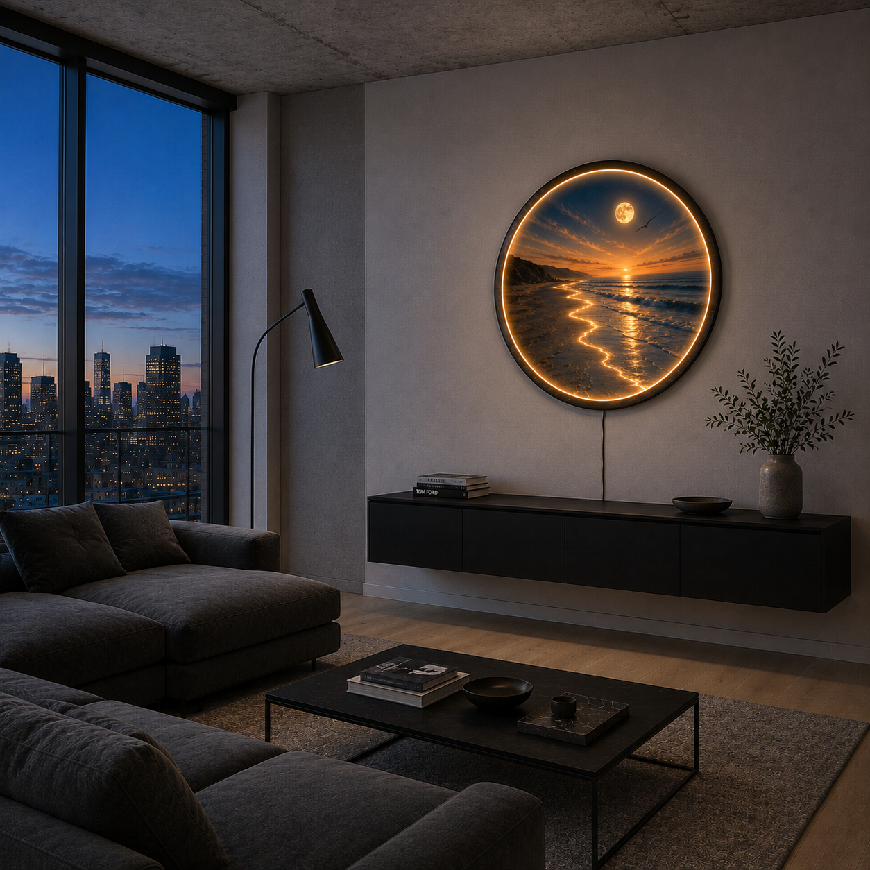 Moonlit Coastal Serenity LED Wall Art – Round Wooden Ocean Light Decor