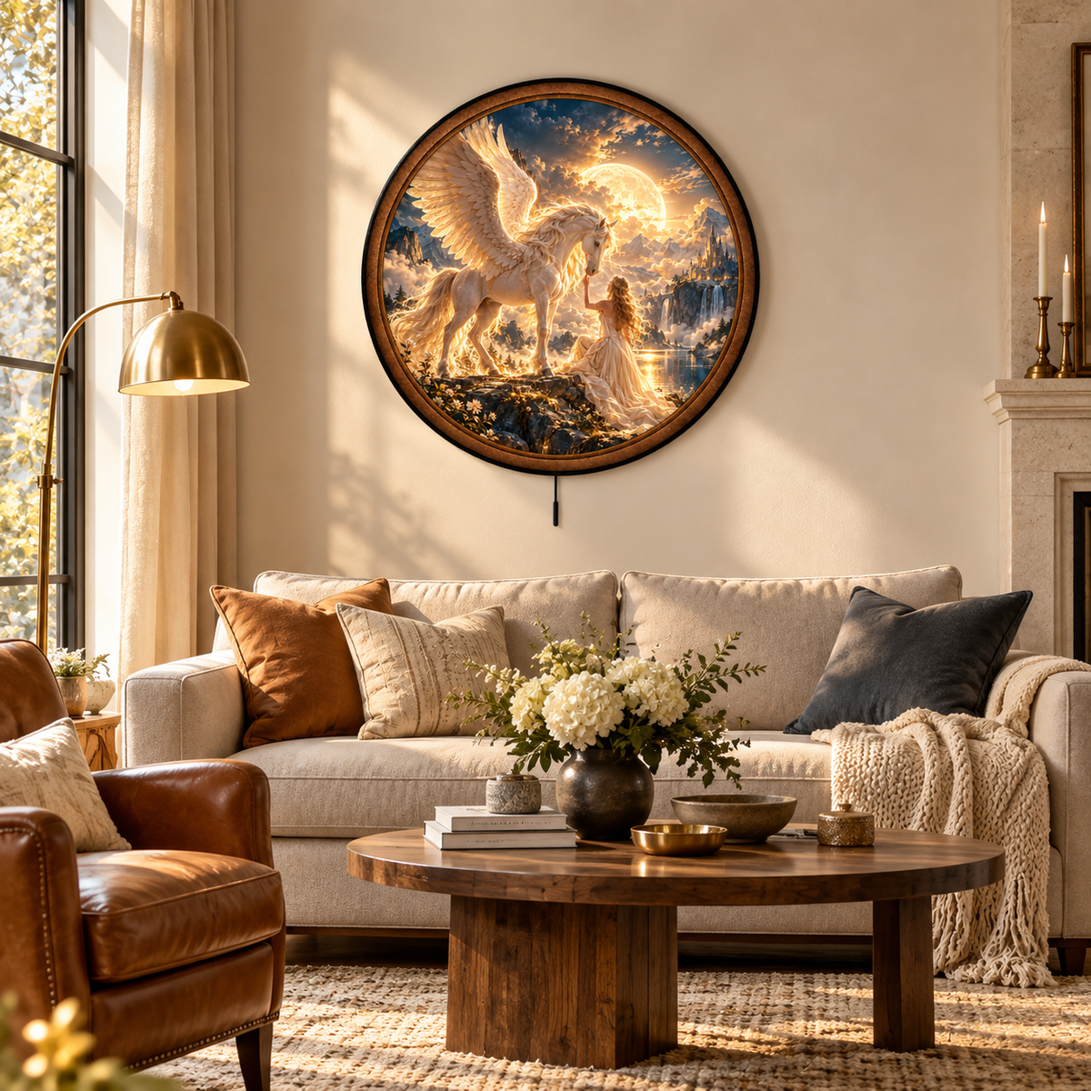 Golden Pegasus Fantasy Castle Circular LED Wall Art