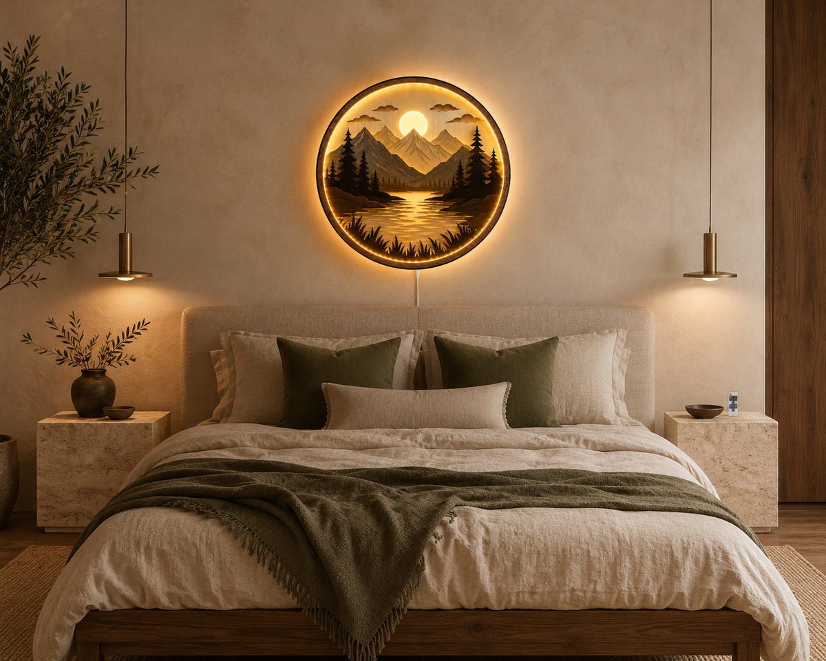 Handcrafted Wood Art Light - 3D Layered Mountain & Lake Design - Warm LED Backlight