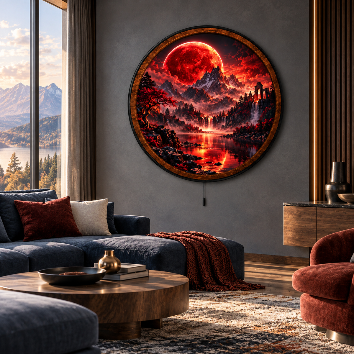Handcrafted LED Wall Art | Red Moon Landscape Decor