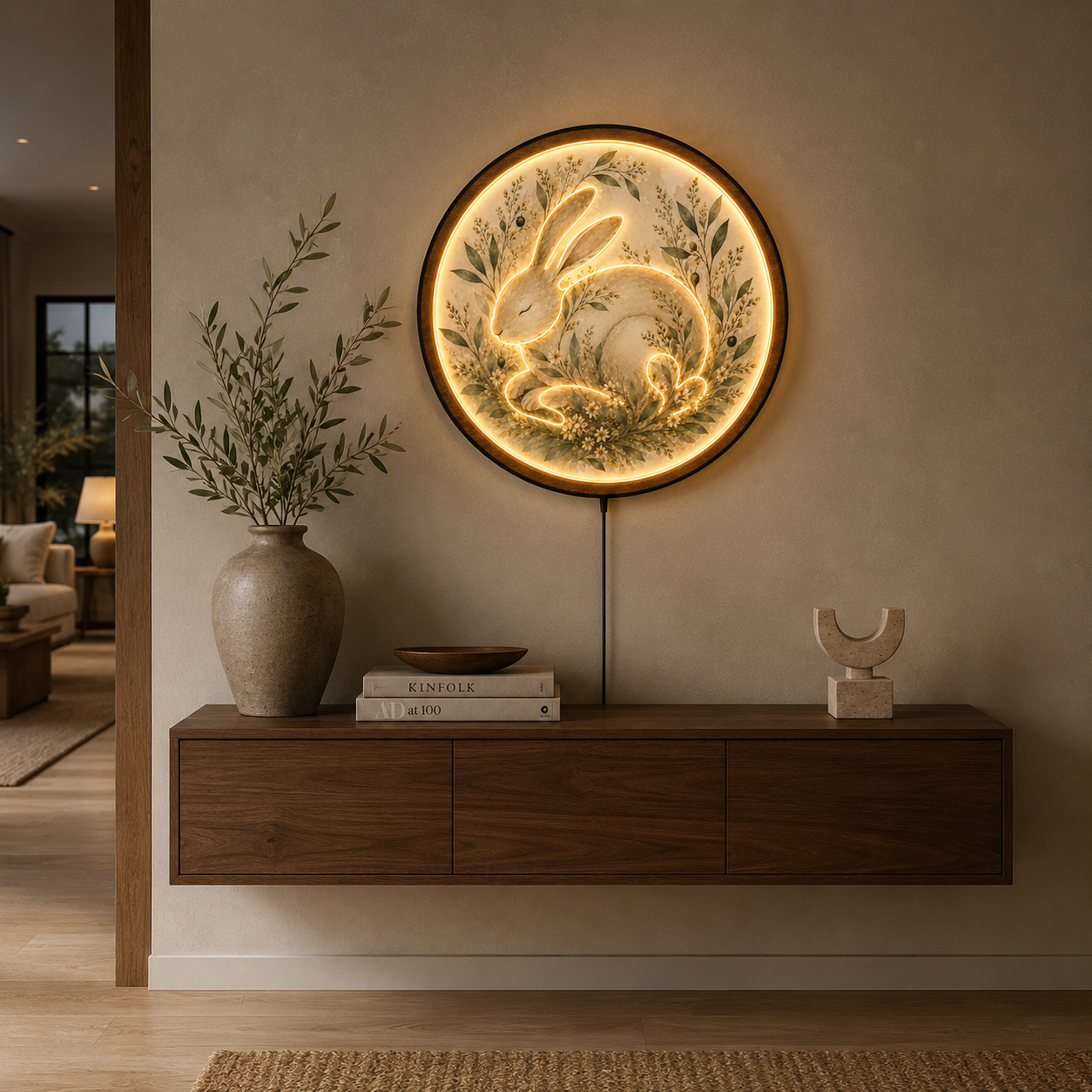 Sleeping Bunny LED Wall Art – Whimsical Round Wooden Night Light Decor