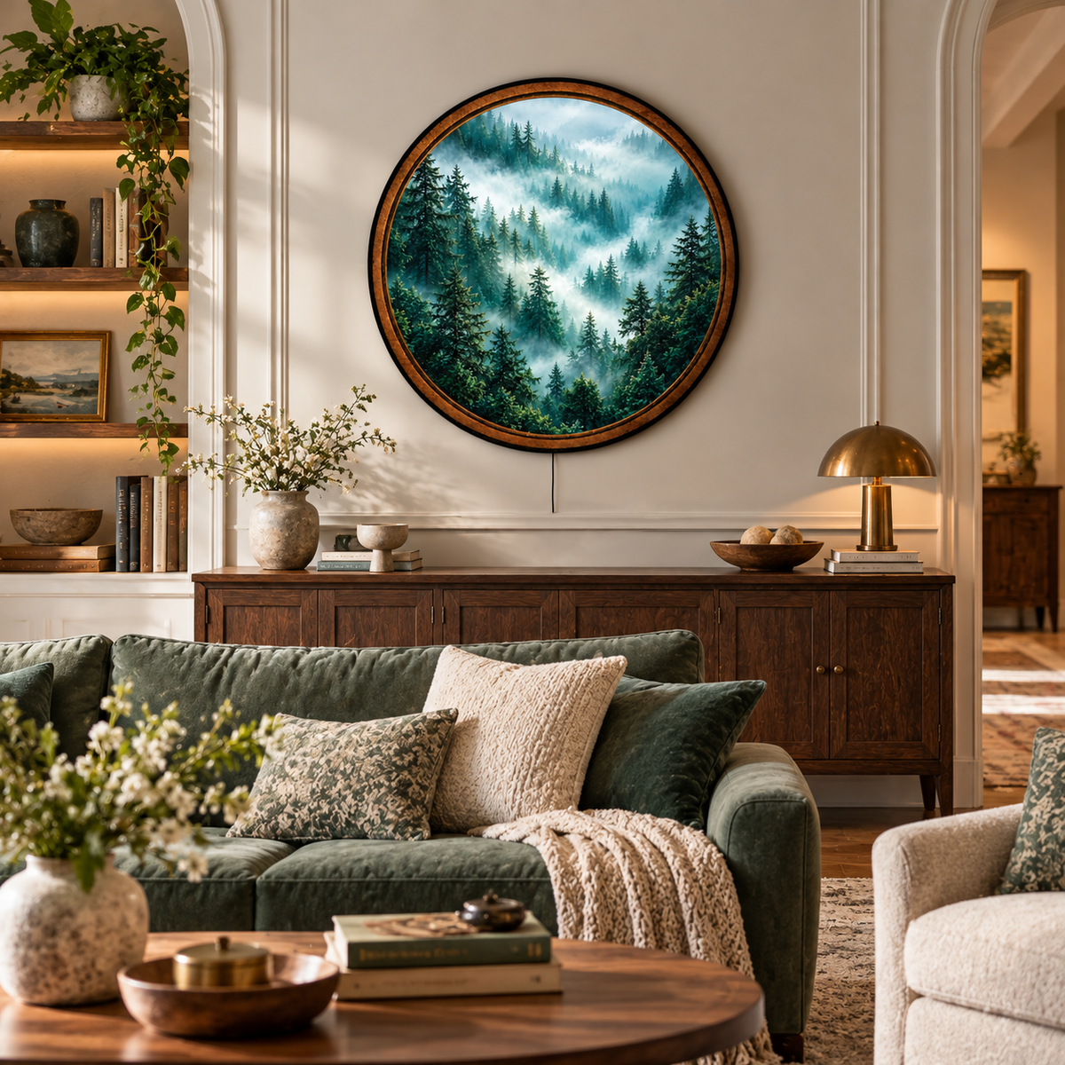Handcrafted Misty Evergreen Forest LED Wall Art – Foggy Pine Woodland Nature