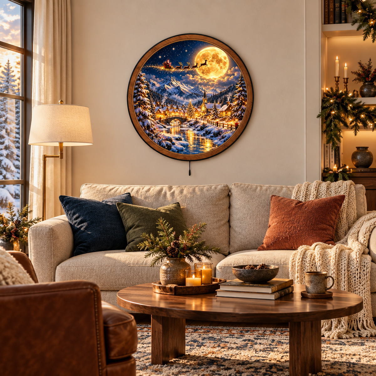 Handcrafted Santa Moon Christmas Village LED Wall Art