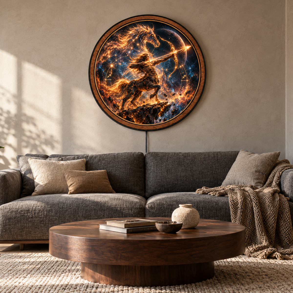 Sagittarius Celestial Archer – Handcrafted Round LED Wall Art