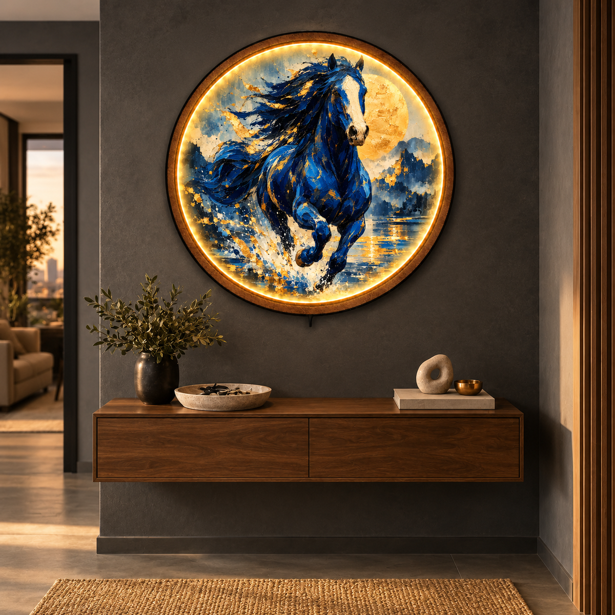 Blue Stallion Golden Moon LED Wall Art – Horse Decor