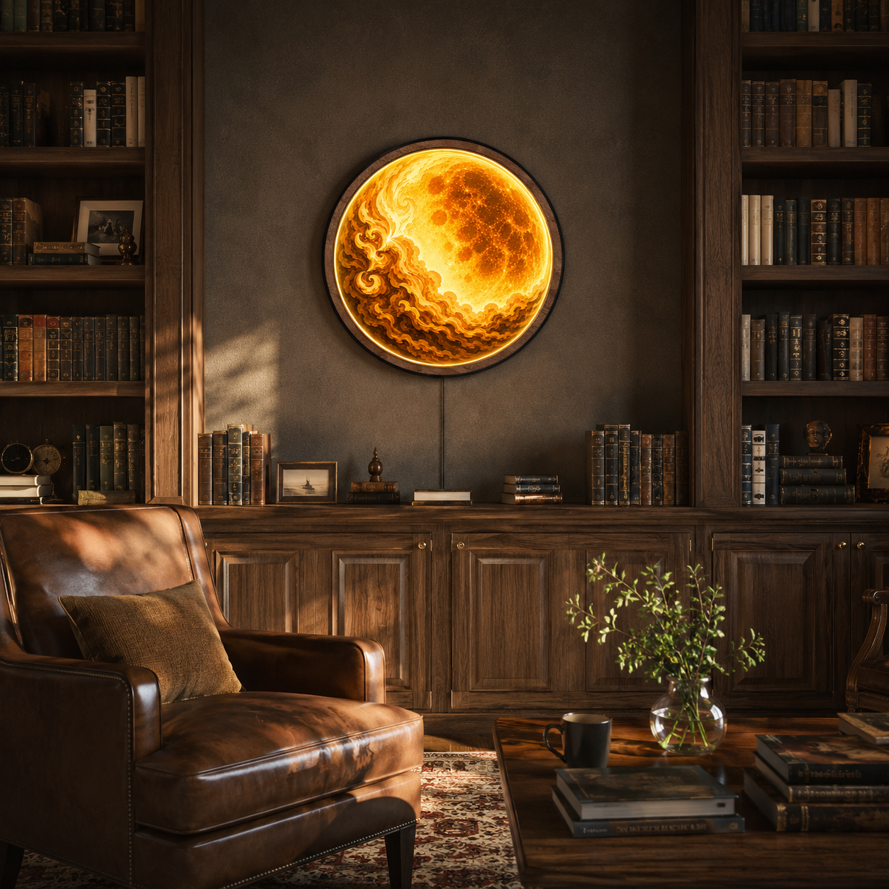 Golden Moon Abstract LED Wall Art – Illuminated Acrylic Round Wall Decor